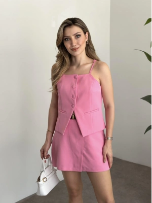 Ayarlanabilir askılı şort etekli mini takım pembe