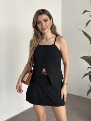 Ayarlanabilir askılı şort etekli mini takım siyah