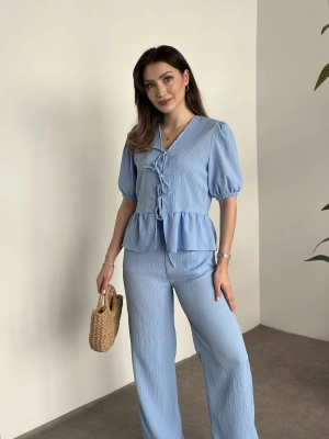 Gofre bağlama detaylı karpuz kol takım bebek mavisi