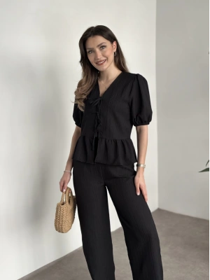 Gofre bağlama detaylı karpuz kol takım siyah