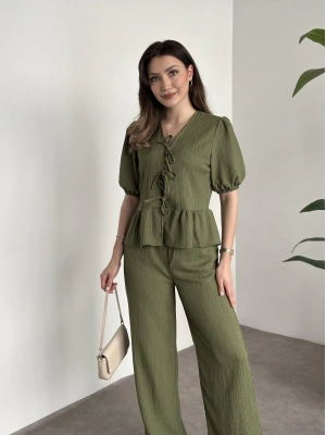 Gofre bağlama detaylı karpuz kol takım yeşil