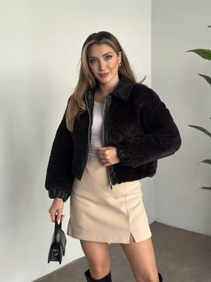 Baklava desenli fermuarlı peluş mont siyah