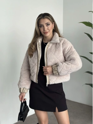 Baklava desenli fermuarlı peluş mont taş