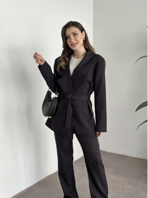 Belden bağcıklı ultra yüksek bel takım siyah