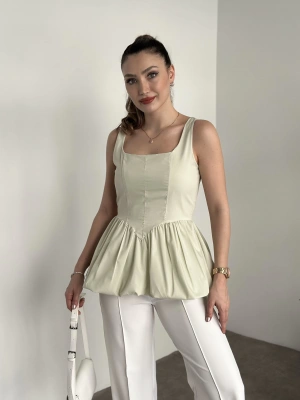 Belden oturtmalı balon etekli tasarim bluz yeşil