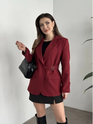 Beli kemer detaylı blazer ceket bordo