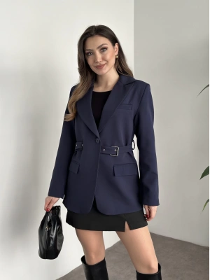 Beli kemer detaylı blazer ceket lacivert