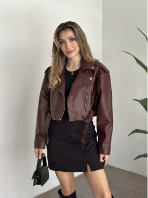 beli kemer detaylı crop boy deri ceket bordo
