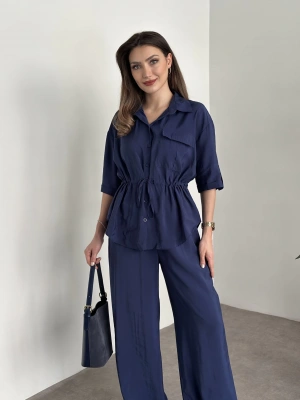 Belinden büzgülü gömlekli modal takım lacivert