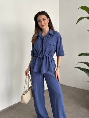 Belinden büzgülü gömlekli modal takım mavi
