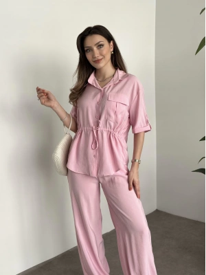 Belinden büzgülü gömlekli modal takım pembe