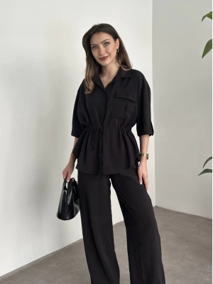 Belinden büzgülü gömlekli modal takım siyah