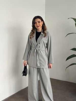 Belinden kuşaklı kimona takım gri