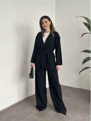 Belinden kuşaklı kimona takım siyah