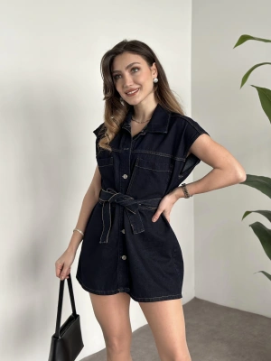 Belinden kuşaklı mini denim elbise
