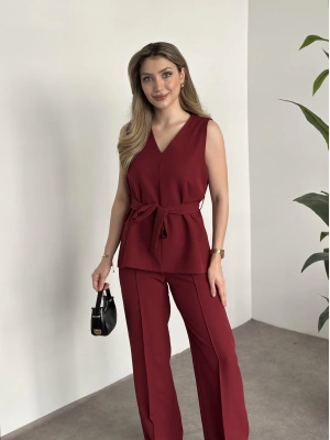 Belinden kuşaklı v yaka dabıl takım bordo
