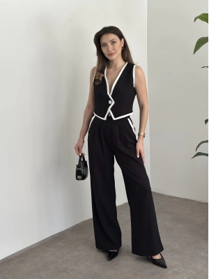 Beyaz şeritli crop boy yelekli takım siyah