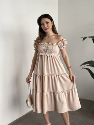 Bisiklet ve madonna yaka ayrobin elbise krem