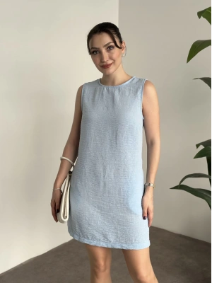 Bisiklet yaka cepli kısa keten elbise bebek mavisi