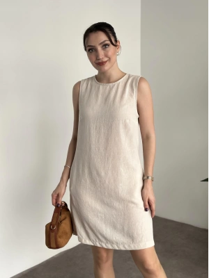 Bisiklet yaka cepli kısa keten elbise krem