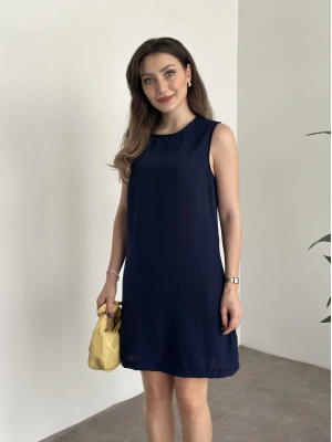 Bisiklet yaka cepli kısa keten elbise lacivert