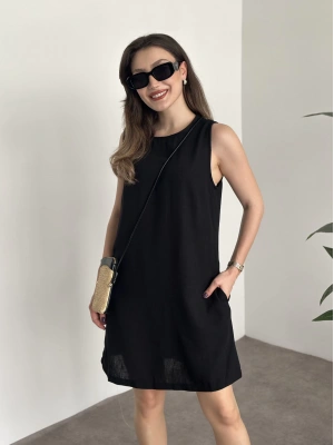 Bisiklet yaka cepli kısa keten elbise siyah