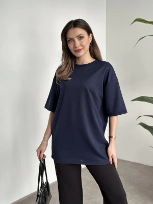 Bisiklet yaka marka etiketli oversize tişört lacivert