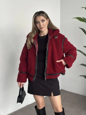 Biye detaylı içi astarlı teddy mont bordo