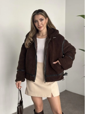 Biye detaylı içi astarlı teddy mont kahve