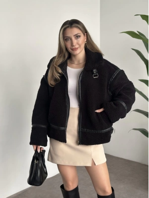 Biye detaylı içi astarlı teddy mont siyah