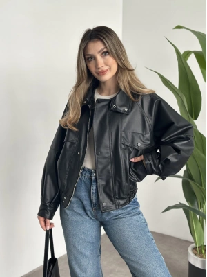 Bol düğme detaylı deri ceket siyah
