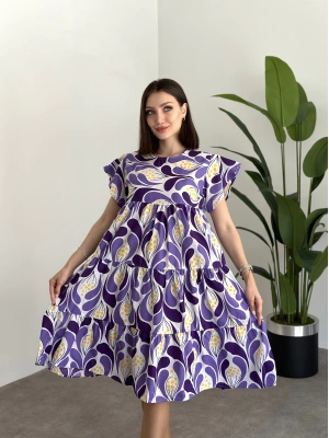 Bol Kesim Poplin Kumaş Mini Elbise Lila Mor Desenli