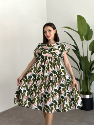 Bol Kesim Poplin Kumaş Mini Elbise Yeşil Beyaz Desenli