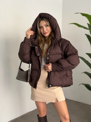 Buffy oversize kapşonlu şişme mont kahve