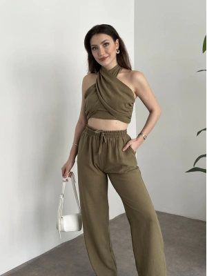 Çapraz bağlama detaylı keten takım haki