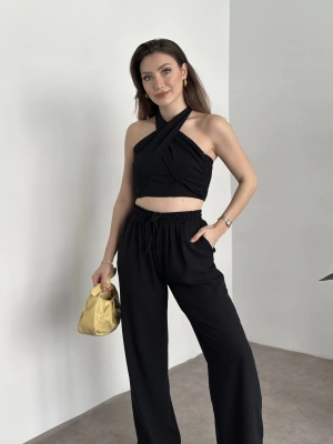 Çapraz bağlama detaylı keten takım siyah