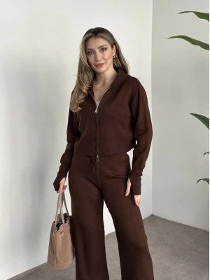 Çift fermuarlı kapşonlu triko takım kahve