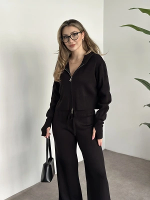 Çift fermuarlı kapşonlu triko takım siyah