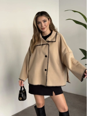 Çoban dikiş kaşe panço krem