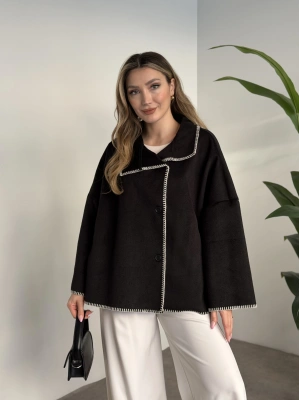 Çoban dikiş kaşe panço siyah