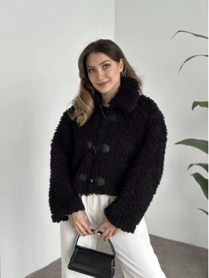 Çoban düğmeli peluş mont siyah