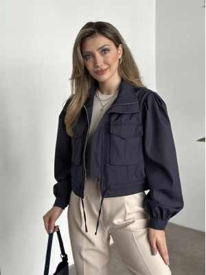 Crop boy cep detaylı yağmurluk ceket lacivert