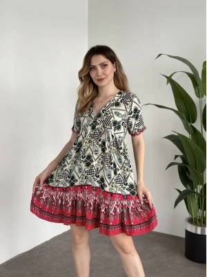 Dekolteli Mini Boy Bol Kesim Elbise Fusya