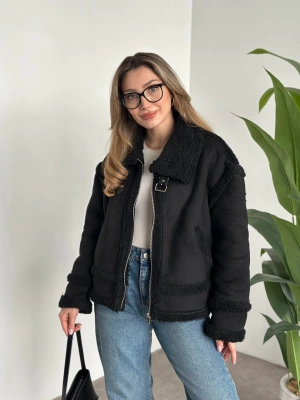 Dışı süet içi tamamen peluş rahat kesim mont siyah