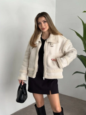 Dışı süet içi tamamen peluş rahat kesim mont taş