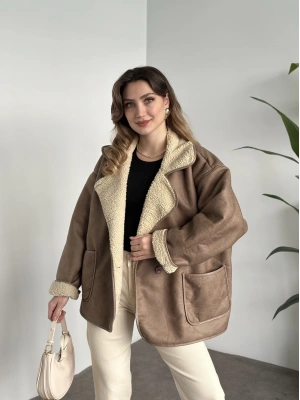 Dokulu süet zr model içi krem peluşlu oversize mont camel
