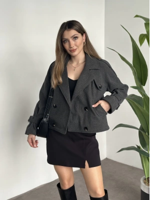 Düğmeli astarlı kısa kaşe kaban antrasit