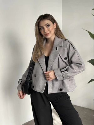 Düğmeli astarlı kısa kaşe kaban gri