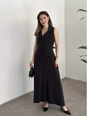 Düğmeli belinden kemerli maxi boy bambu kumaş siyah