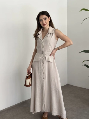 Düğmeli belinden kemerli maxi boy bambu kumaş taş